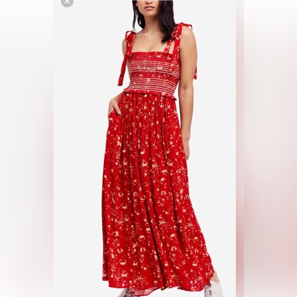 FREE PEOPLE Red Printed Wide Leg Summer Jumpsuit